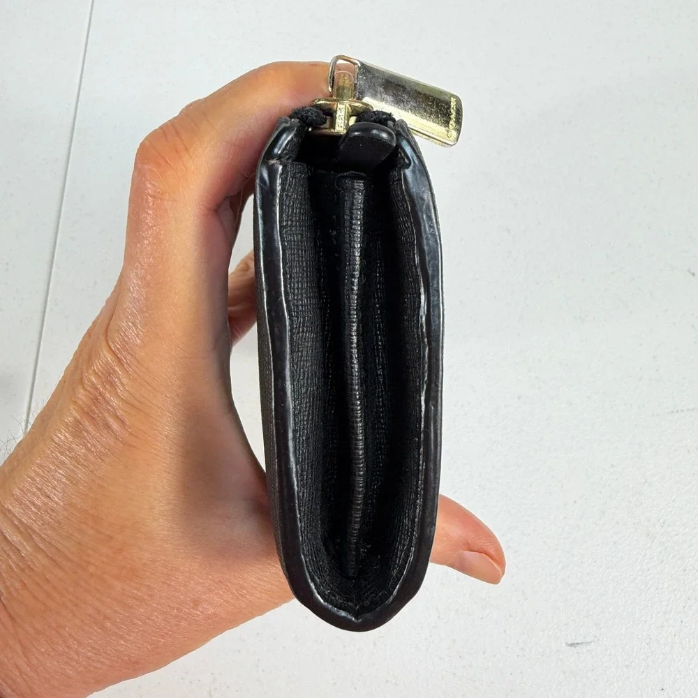 Coach Wallet Saffiano Accordion Black‎ Zip Crossgrain Leather Gold Tone Hardware